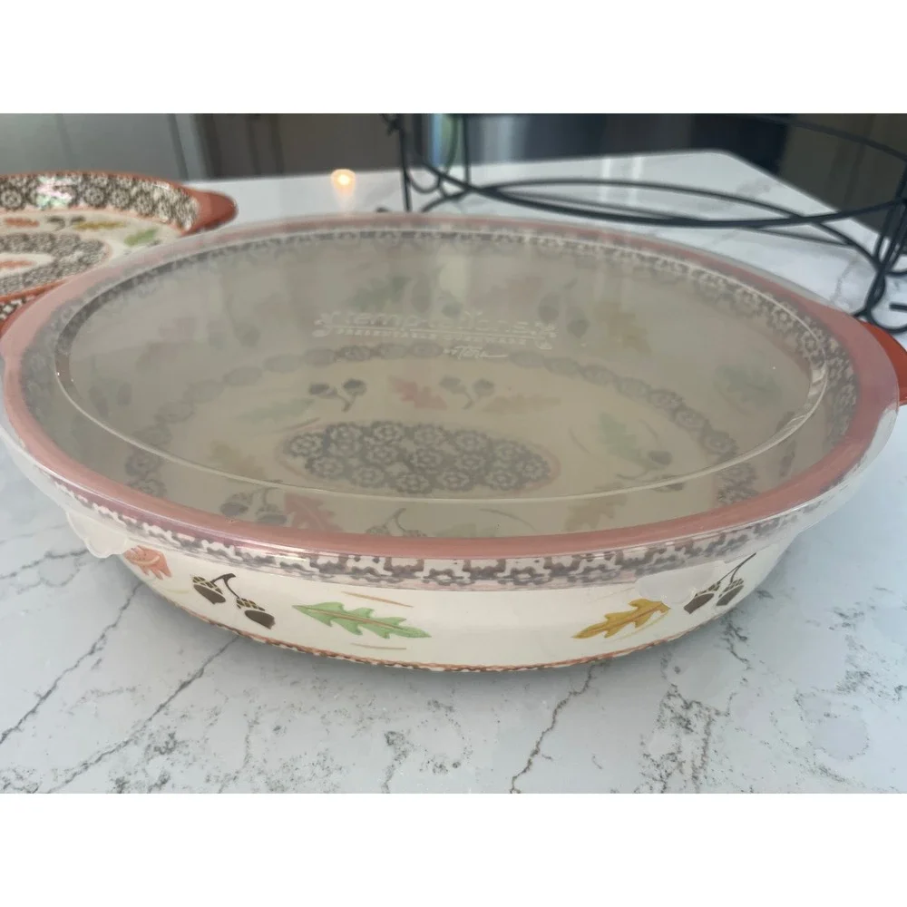 Temp-tations Old World Harvest 3QT Oval Baker Set with Rack Bamboo Board NIB